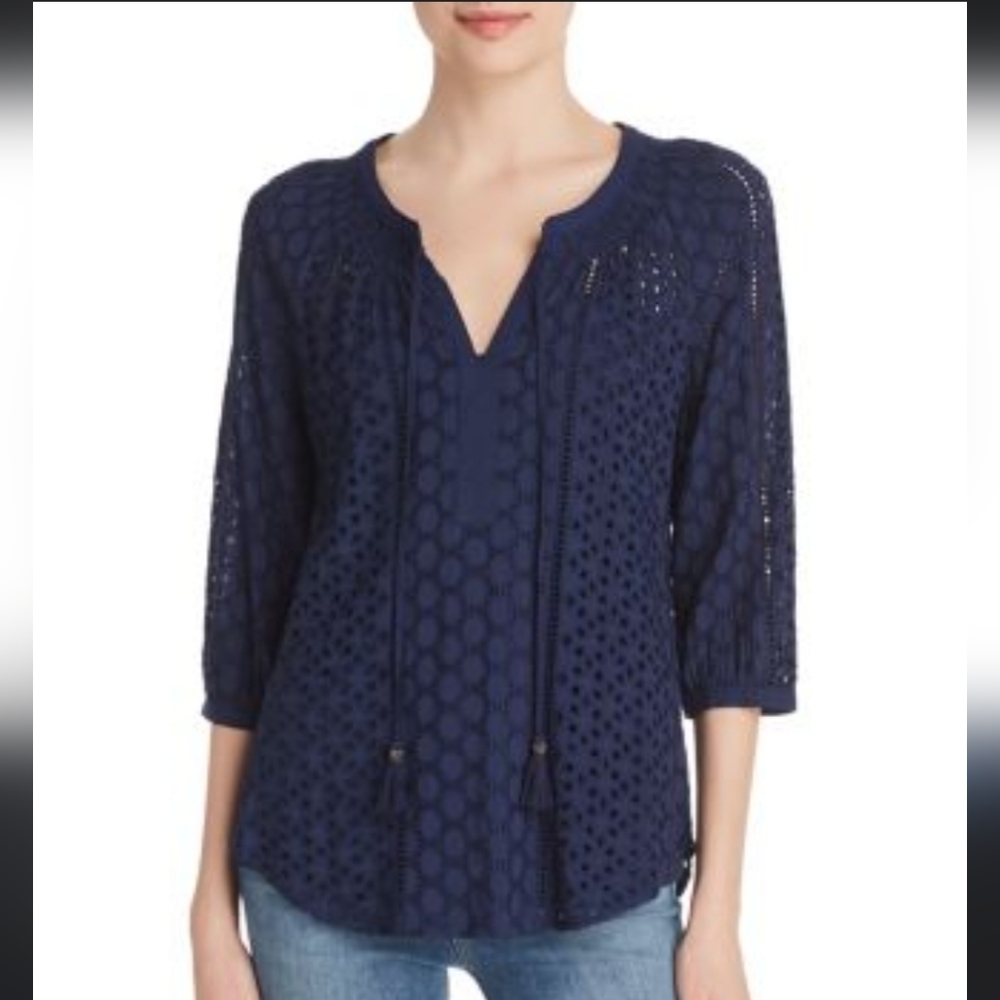 NWT Daniel Rainn Midnight Blue Lace Blouse With Eyelets.
